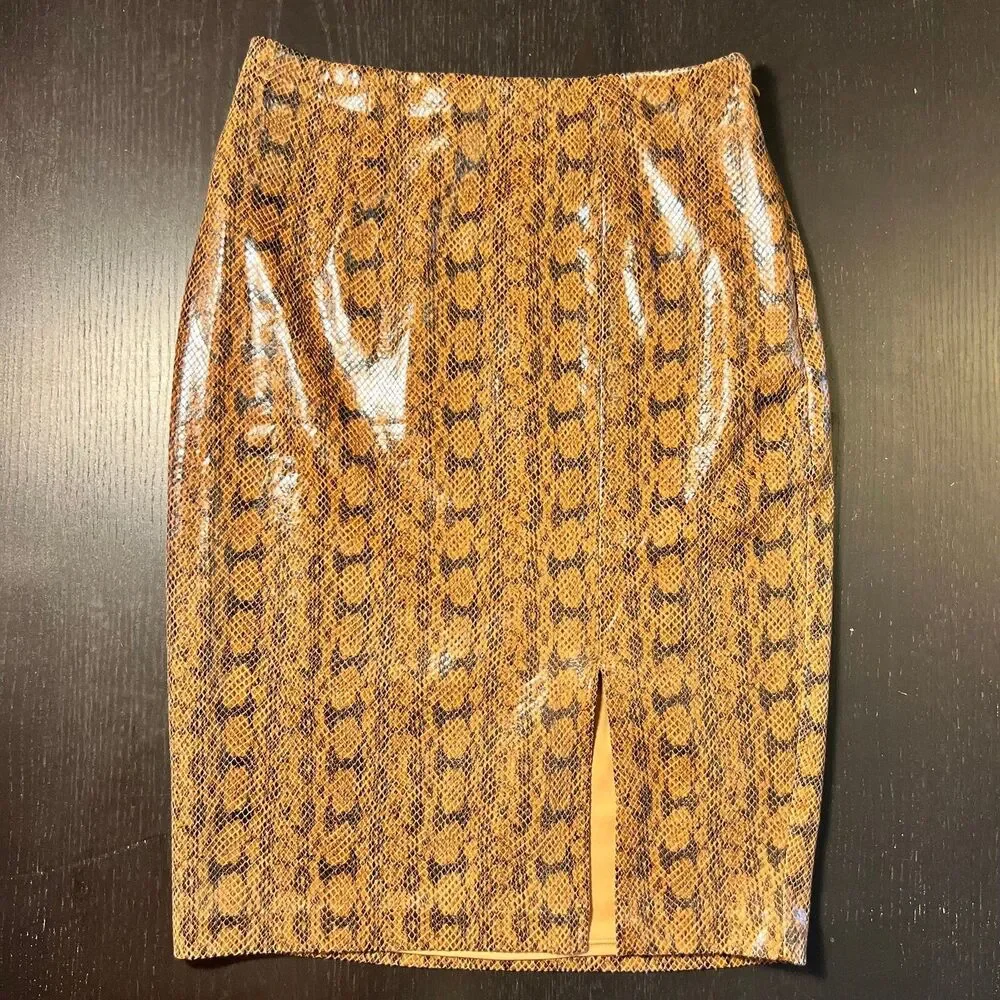 Express Sz 4 Faux Snakeskin Leather Pencil Straight Skirt Brown Black Side Slit